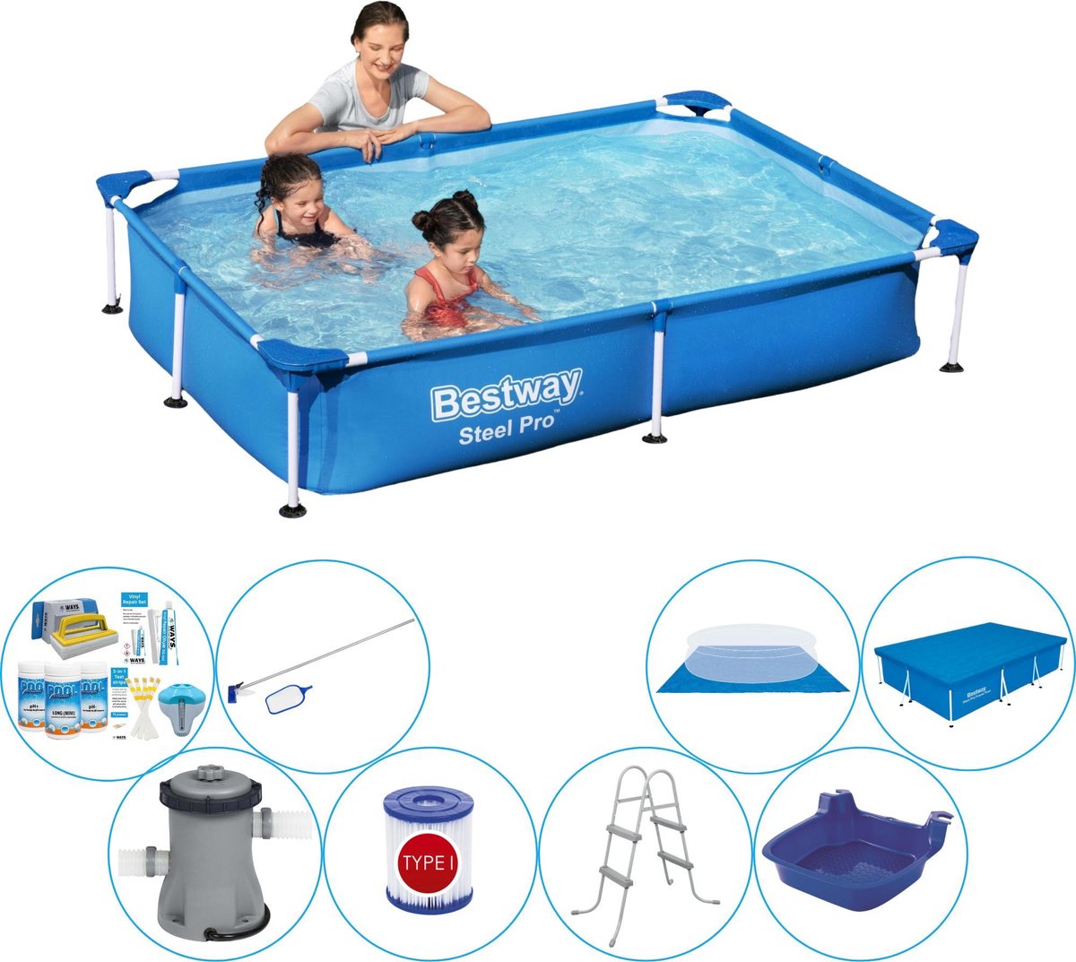 Bestway Steel Pro Rechthoekig Zwembad - 221 X 150 X 43 Cm Premium Set - Blauw