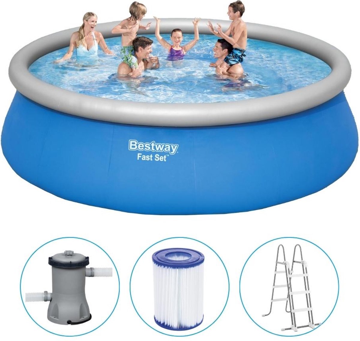 Bestway - Fast Set - Opblaasbaar Zwembad Inclusief Filterpomp En Zwembadtrap - 457x122 Cm - Rond
