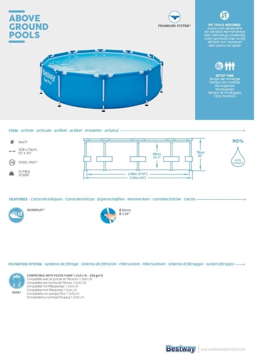 Bestway - Steel Pro - Opzetzwembad - 305x76 Cm - Rond - Blauw