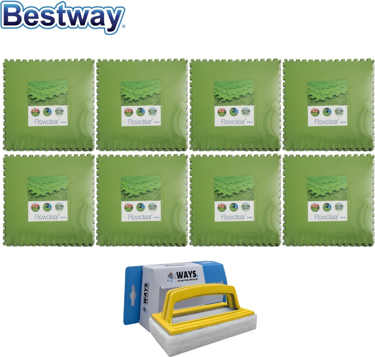 Bestway Flowclear - Voordeelverpakking - Grondtegels - 8 Verpakkingen Van 9 Stuks & Ways Scrubborstel