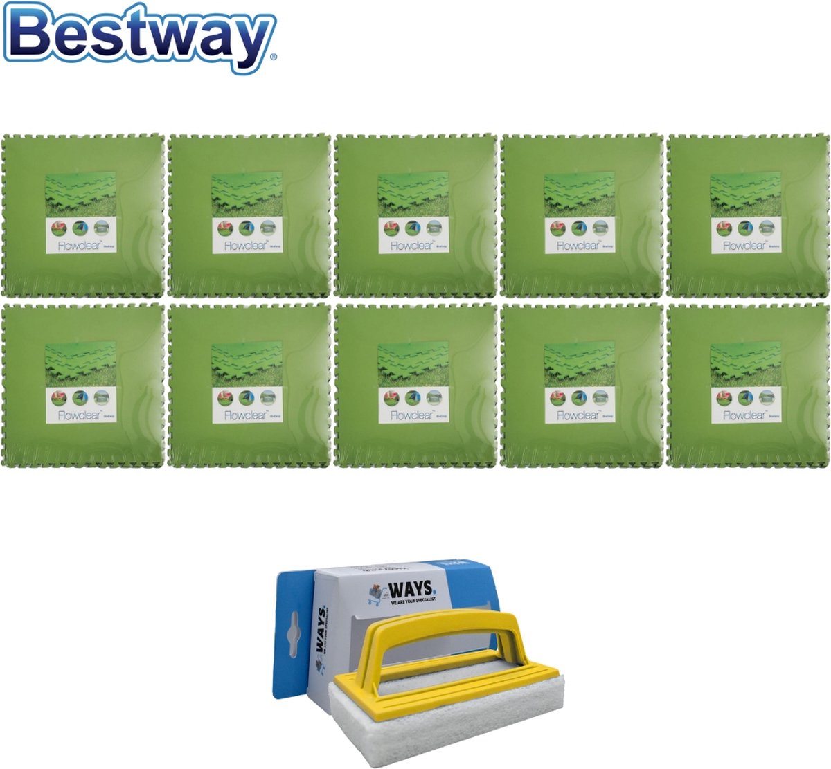 Bestway Flowclear - Voordeelverpakking - Grondtegels - 10 Verpakkingen Van 9 Stuks & Ways Scrubborstel