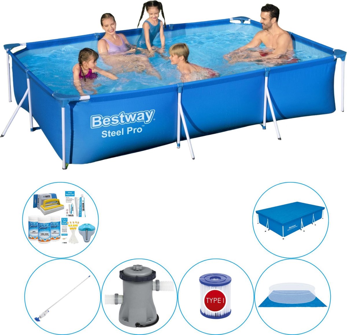 Bestway Slimme Zwembad Deal - Steel Pro Rechthoekig 300x201x66 Cm - Blauw