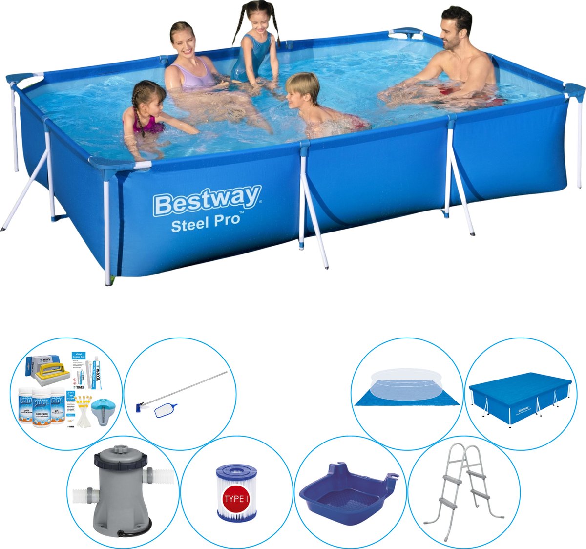 Bestway Zwembad Bundel - Steel Pro Rechthoekig 300x201x66 Cm - Blauw