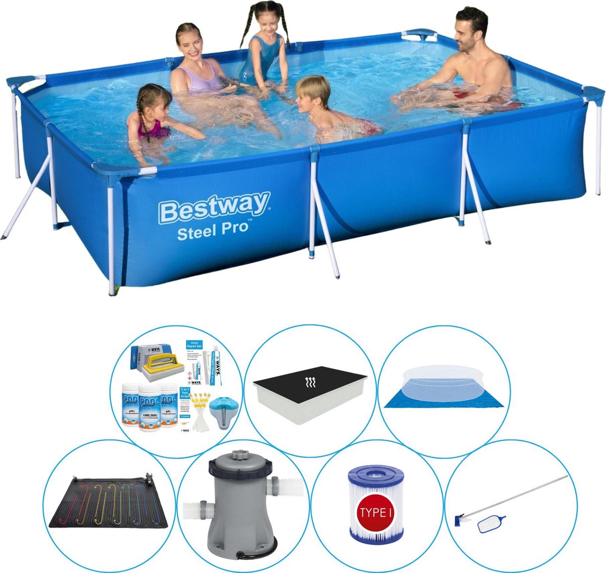 Bestway Zwembad Comfort Pakket - Steel Pro Rechthoekig 300x201x66 Cm - Blauw