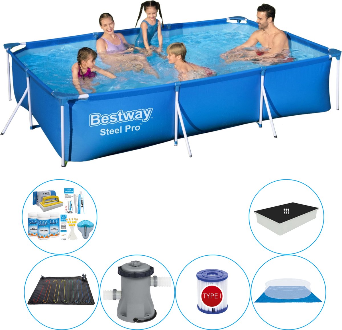 Bestway Zwembad Combinatie Set - Steel Pro Rechthoekig 300x201x66 Cm - Blauw