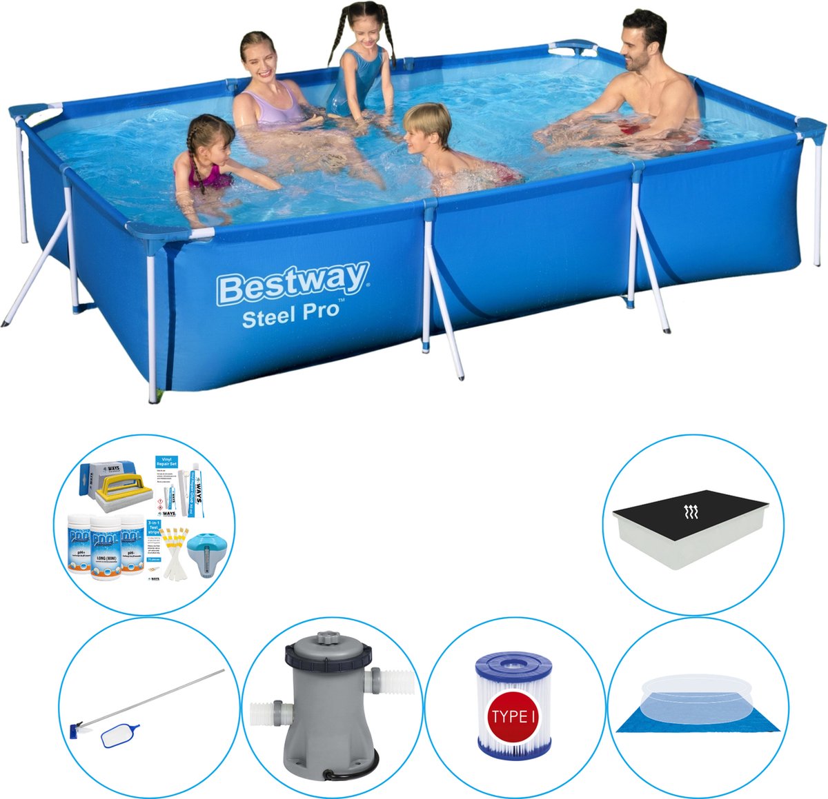 Bestway Zwembad Combinatie Pakket - Steel Pro Rechthoekig 300x201x66 Cm - Blauw