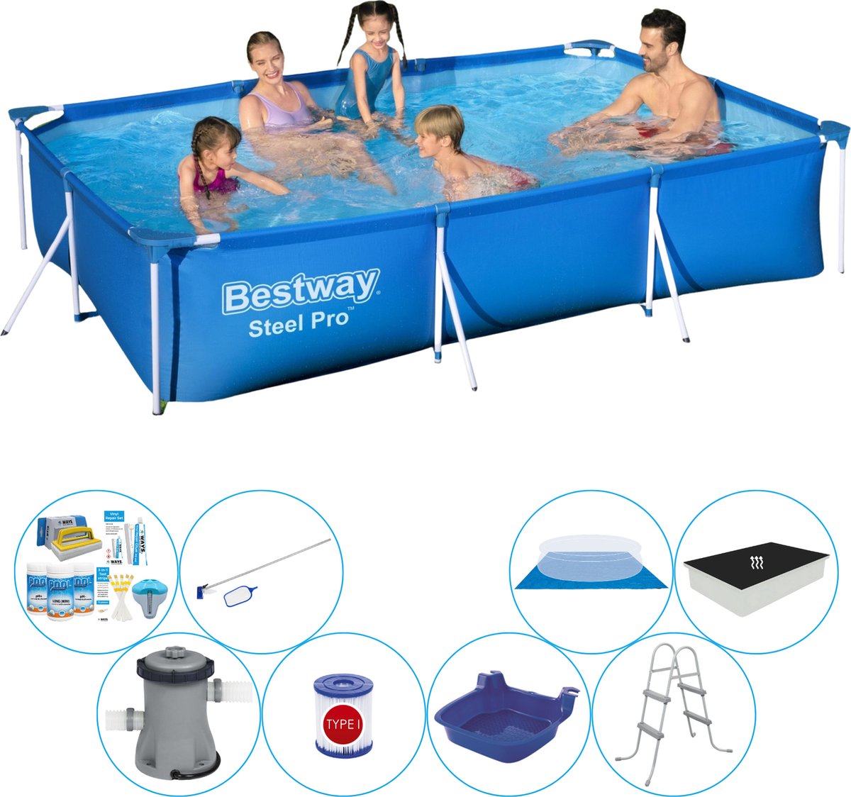 Bestway Zwembad Met Accessoires - Steel Pro Rechthoekig 300x201x66 Cm - Blauw