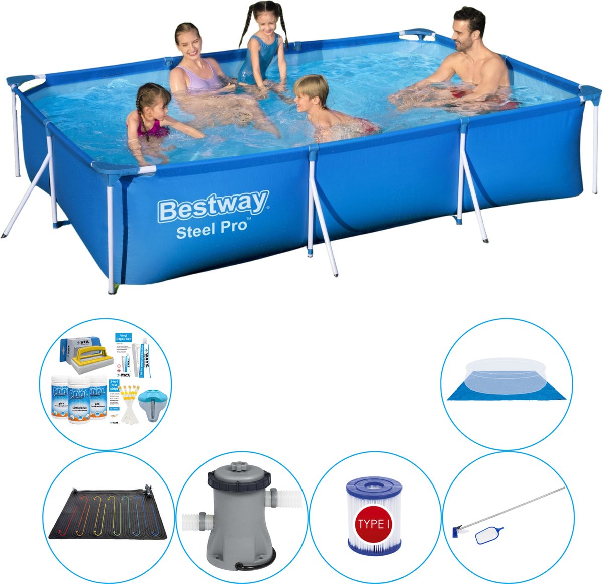 Bestway Zwembad Set - 7-delig - Steel Pro Rechthoekig 300x201x66 Cm - Blauw