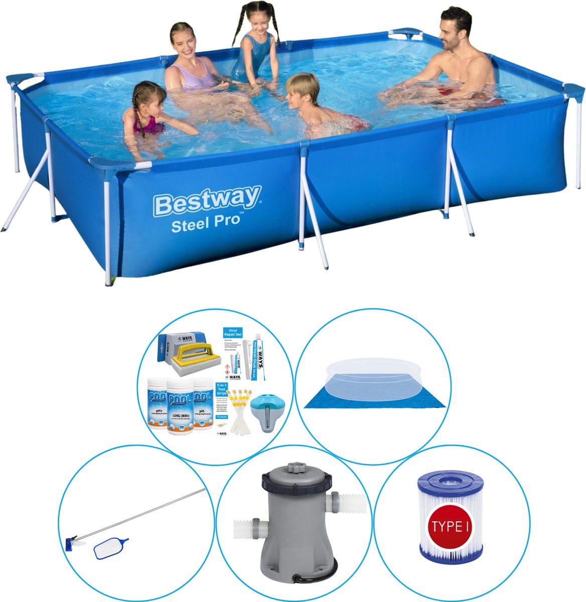 Bestway Zwembad Super Deal - 6-delig - Steel Pro Rechthoekig 300x201x66 Cm - Blauw