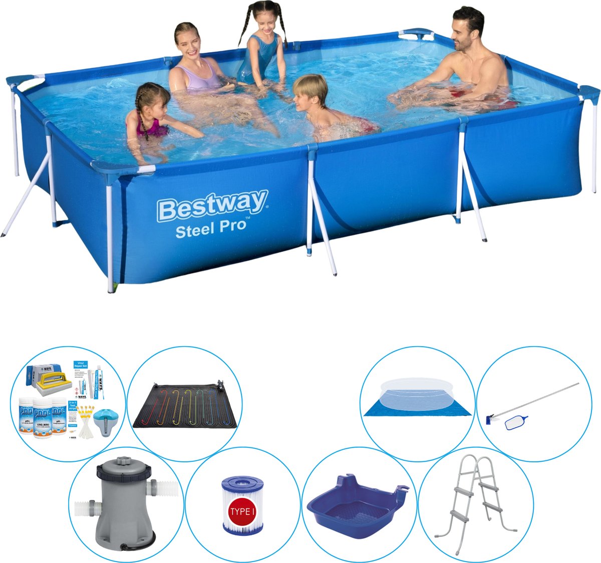 Bestway Zwembad Deal - 9-delig - Steel Pro Rechthoekig 300x201x66 Cm - Blauw