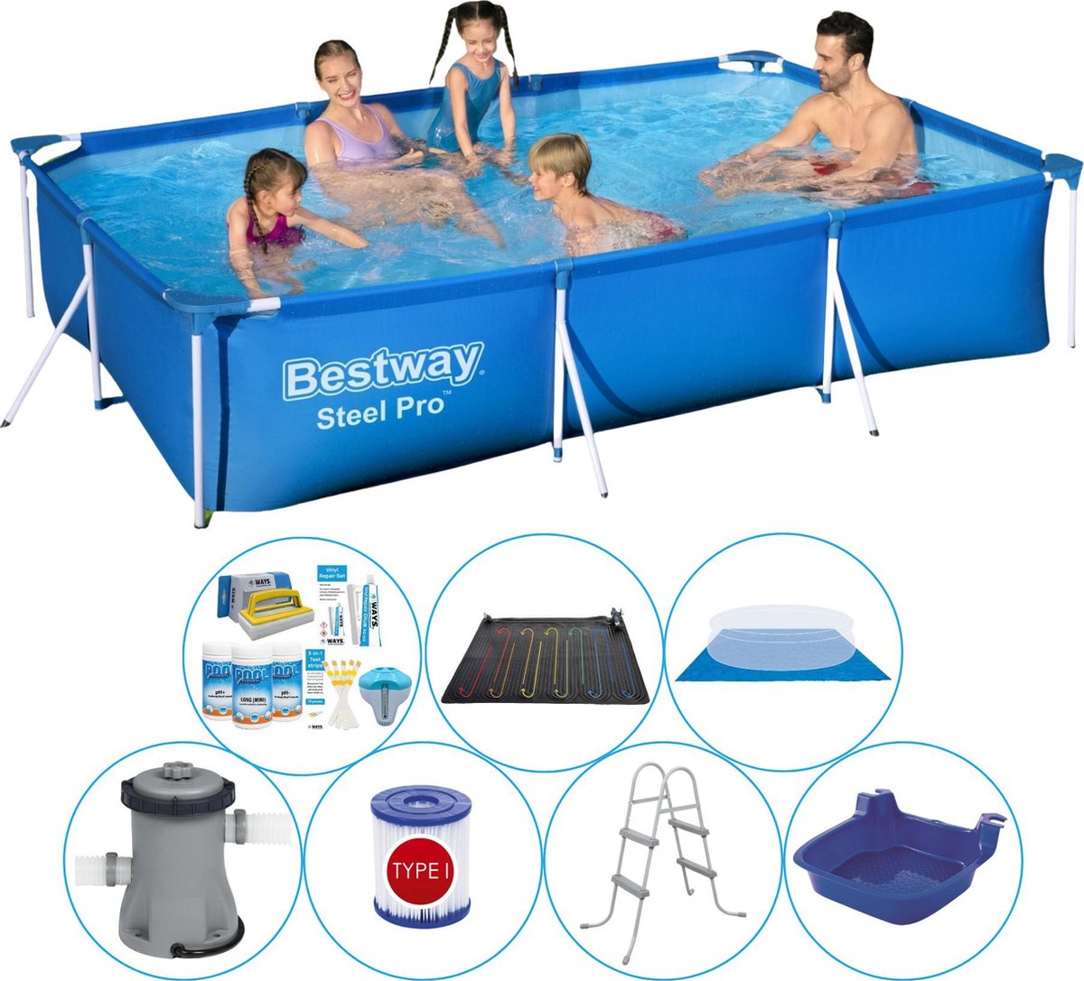 Bestway Zwembad Inclusief Accessoires - 8-delig - Steel Pro Rechthoekig 300x201x66 Cm - Blauw