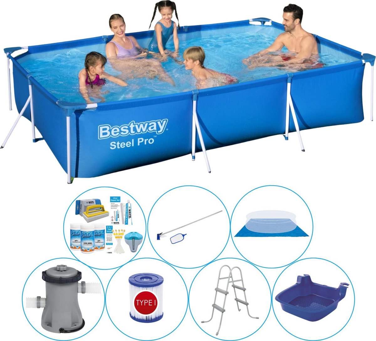 Bestway Zwembad Bundel - 8-delig - Steel Pro Rechthoekig 300x201x66 Cm - Blauw