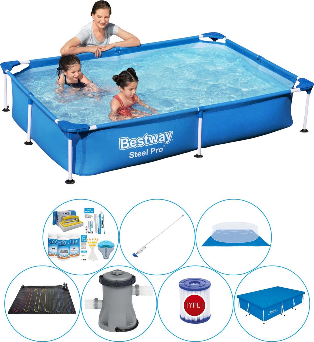 Bestway Steel Pro Rechthoekig Zwembad - 221 X 150 X 43 Cm Premium Pakket - Blauw