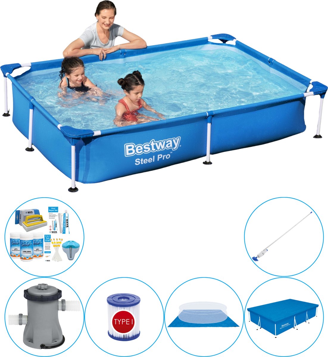 Bestway Steel Pro Rechthoekig Zwembad - 221 X 150 X 43 Cm Voordelig Pakket - Blauw