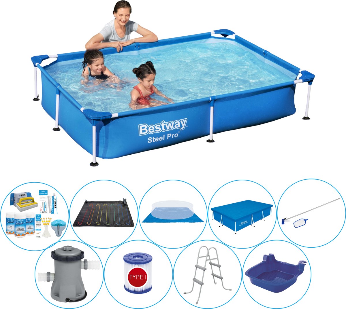 Bestway Steel Pro Rechthoekig Zwembad - 221 X 150 X 43 Cm Deluxe Set - Blauw