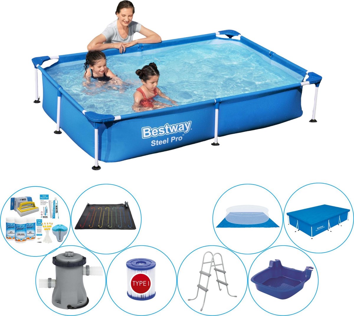 Bestway Steel Pro Rechthoekig Zwembad - 221 X 150 X 43 Cm Deluxe Pakket - Blauw