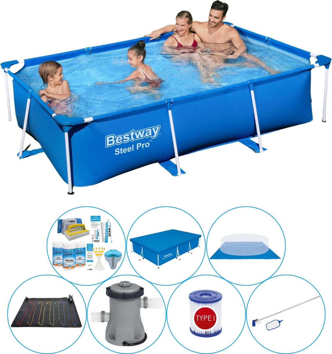 Bestway Steel Pro Rechthoekig Zwembad - 259 X 170 X 61 Cm Voordeelpakket - Blauw