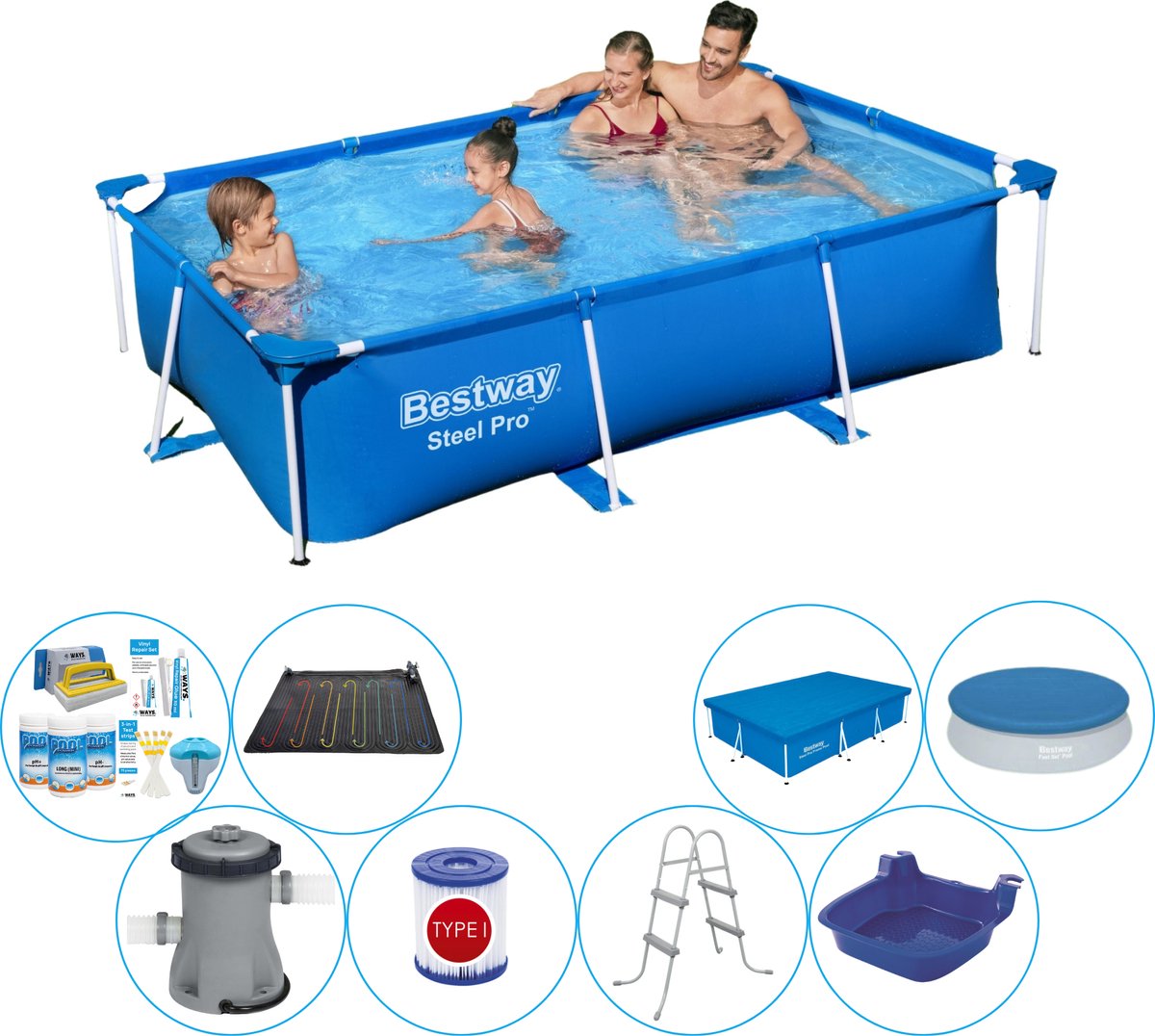 Bestway Steel Pro Rechthoekig Zwembad - 259 X 170 X 61 Cm Deluxe Pakket - Blauw