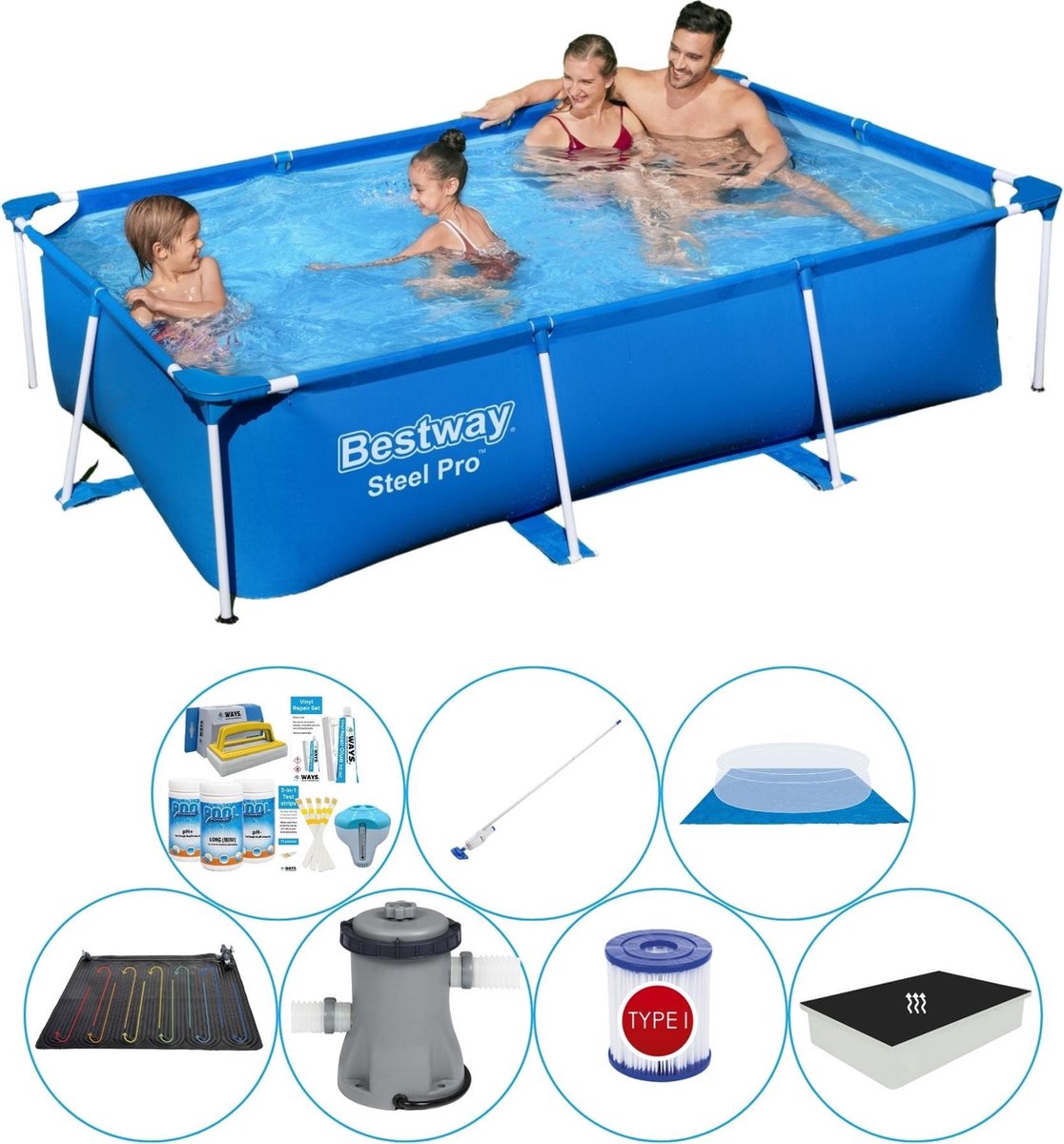 Bestway Steel Pro Rechthoekig Zwembad - 259 X 170 X 61 Cm Alle Benodigdheden - Blauw