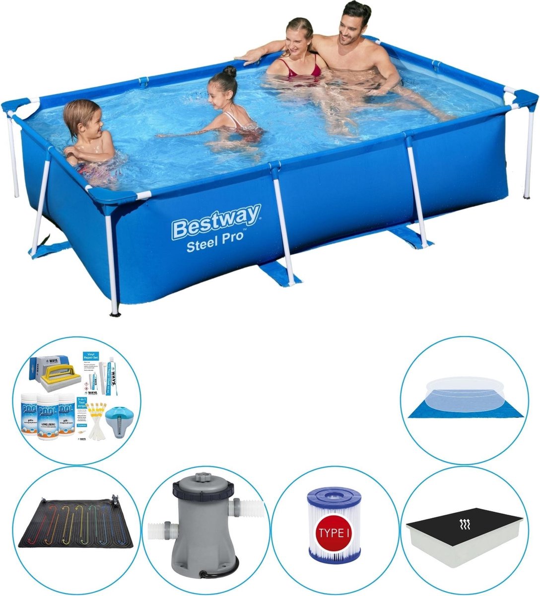 Bestway Steel Pro Rechthoekig Zwembad - 259 X 170 X 61 Cm Inclusief Toebehoren - Blauw