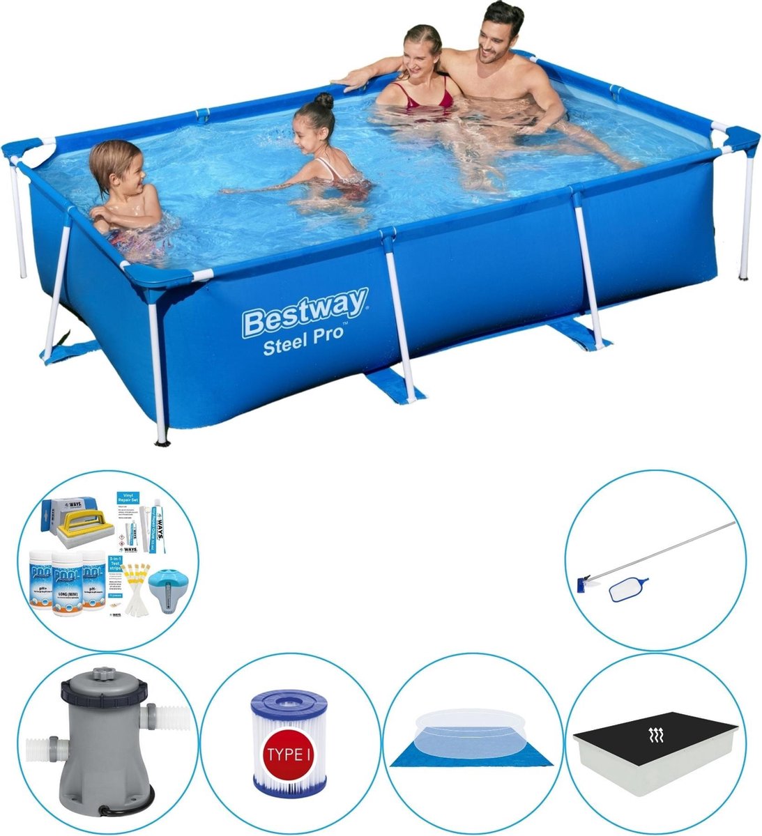 Bestway Steel Pro Rechthoekig Zwembad - 259 X 170 X 61 Cm Met Toebehoren - Blauw