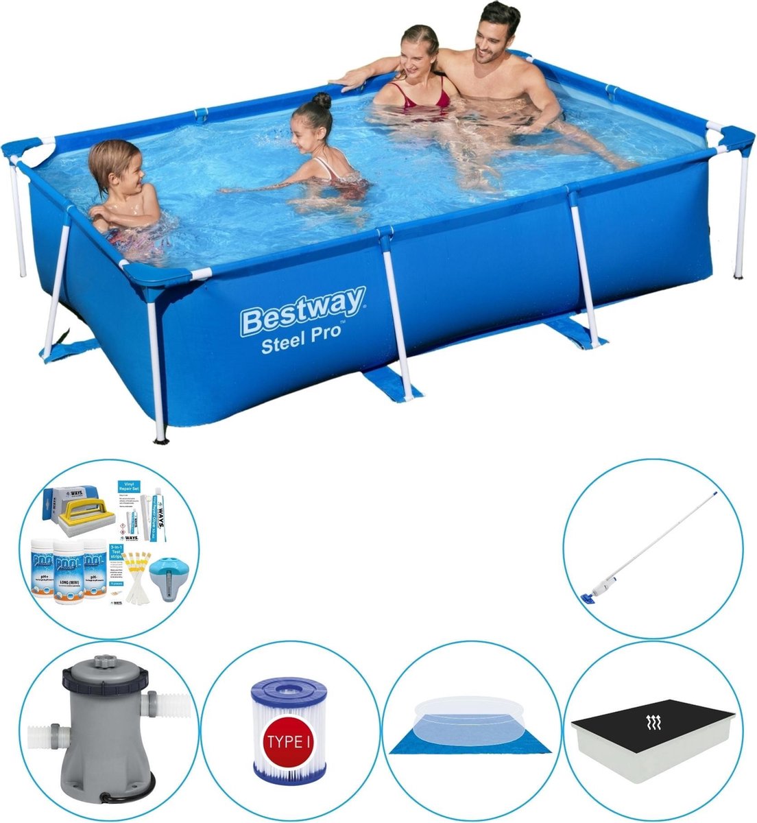 Bestway Steel Pro Rechthoekig Zwembad - 259 X 170 X 61 Cm Inclusief Pomp En Accessoires - Blauw