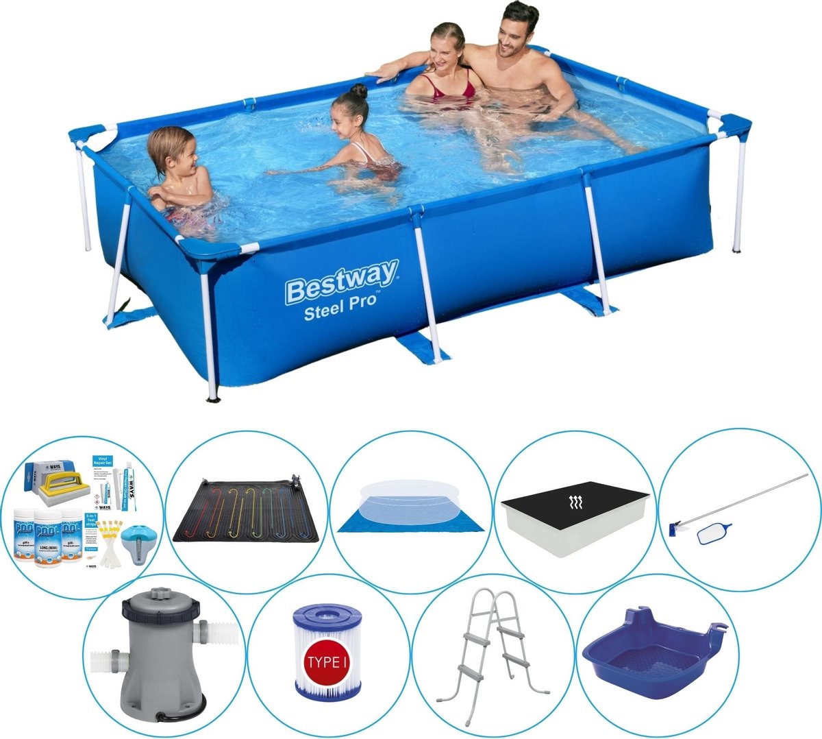 Bestway Steel Pro Rechthoekig Zwembad - 259 X 170 X 61 Cm Inclusief Pomp En Toebehoren - Blauw