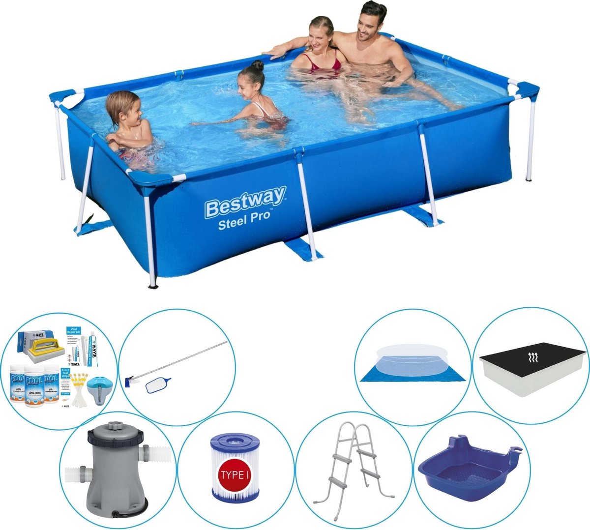 Bestway Steel Pro Rechthoekig Zwembad - 259 X 170 X 61 Cm Inclusief Pomp - Voordeelpakket - Blauw