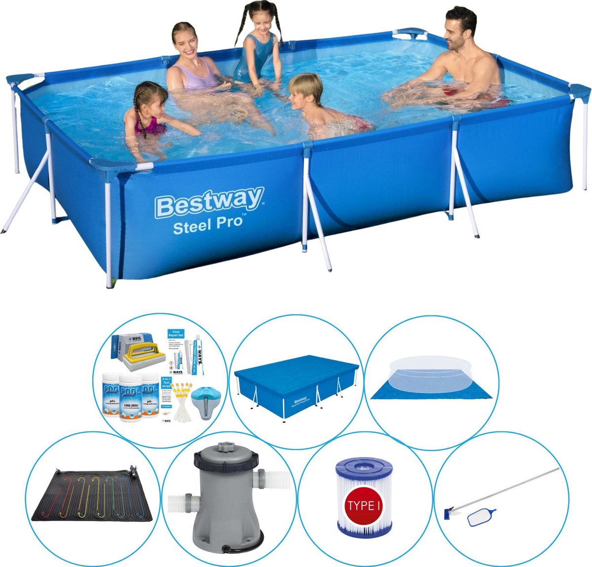 Bestway Steel Pro Rechthoekig Zwembad - 300 X 201 X 66 Cm Voordeelpakket - Blauw
