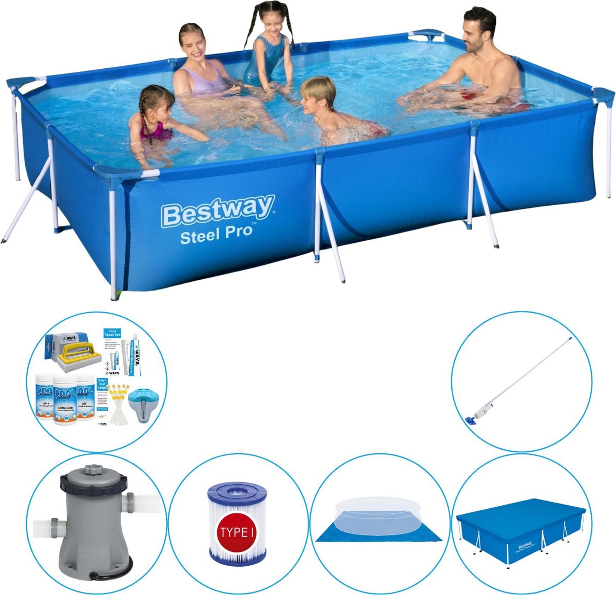 Bestway Steel Pro Rechthoekig Zwembad - 300 X 201 X 66 Cm Voordelig Pakket - Blauw