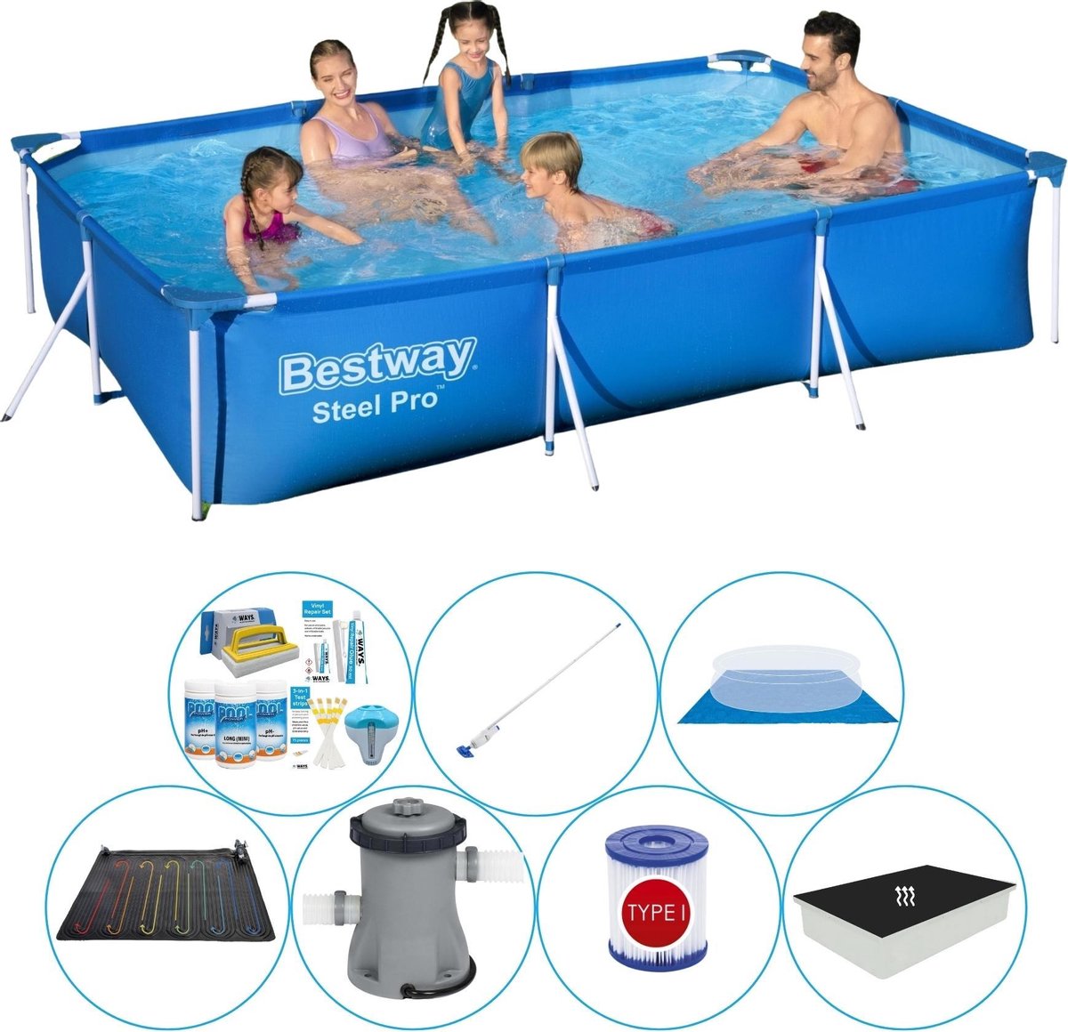 Bestway Steel Pro Rechthoekig Zwembad - 300 X 201 X 66 Cm Alle Benodigdheden - Blauw