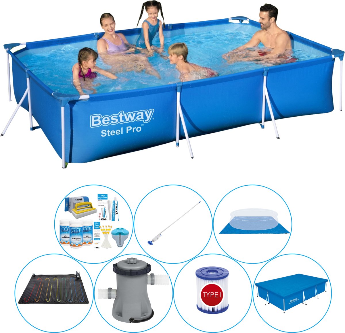 Bestway Steel Pro Rechthoekig Zwembad - 300 X 201 X 66 Cm Ultra Voordeelpakket - Blauw