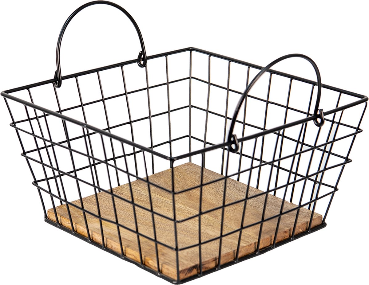 Clayre & Eef Opbergmand 30x30x16 Cm Bruin Ijzer Hout Vierkant Mand Mand - Zwart