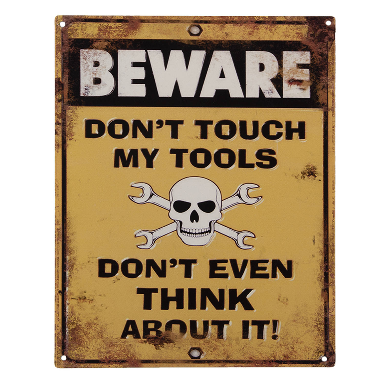 Clayre & Eef Tekstbord 20x25 Cm Ijzer Beware Wandbord Spreuk Wandplaat Wandbord Spreuk - Geel