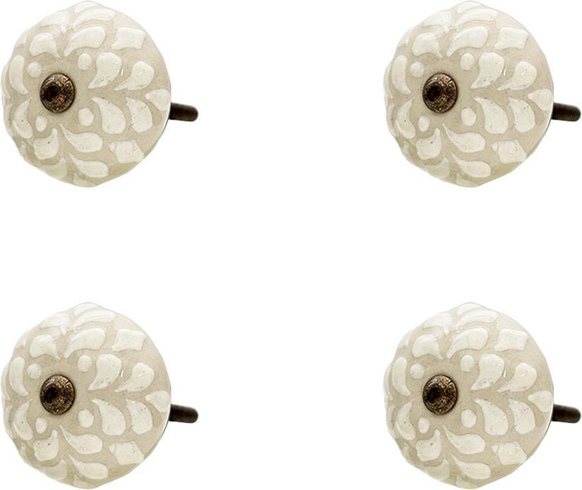 Clayre & Eef Deurknop Set Van 4 Ø 4*3 Cm Keramiek Rond Blaadjes Meubelknop Meubelknop - Beige