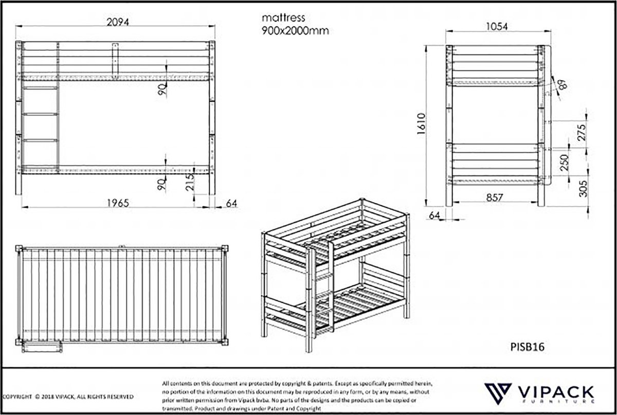 Vipack Pino Stapelbed 90 x 200 cm - Bruin