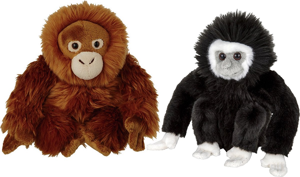 Apen Serie Zachte Pluche Knuffels 2x Stuks - Orang Utan En Gibbon Aapje Van 18 Cm - Knuffeldier