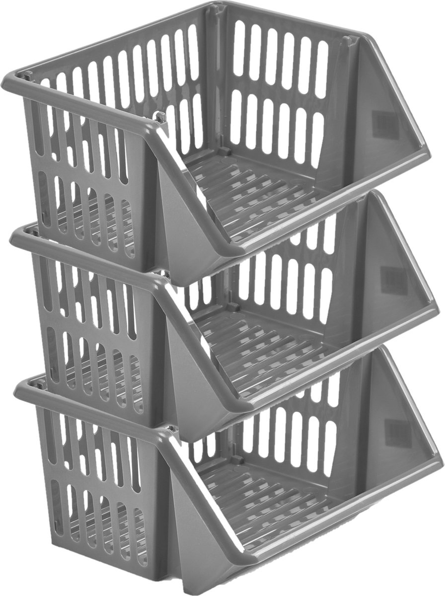 Mand/organizer - 3x - Stapelbaar 35 X 29 X 27 Cm - Opbergmanden - Grijs