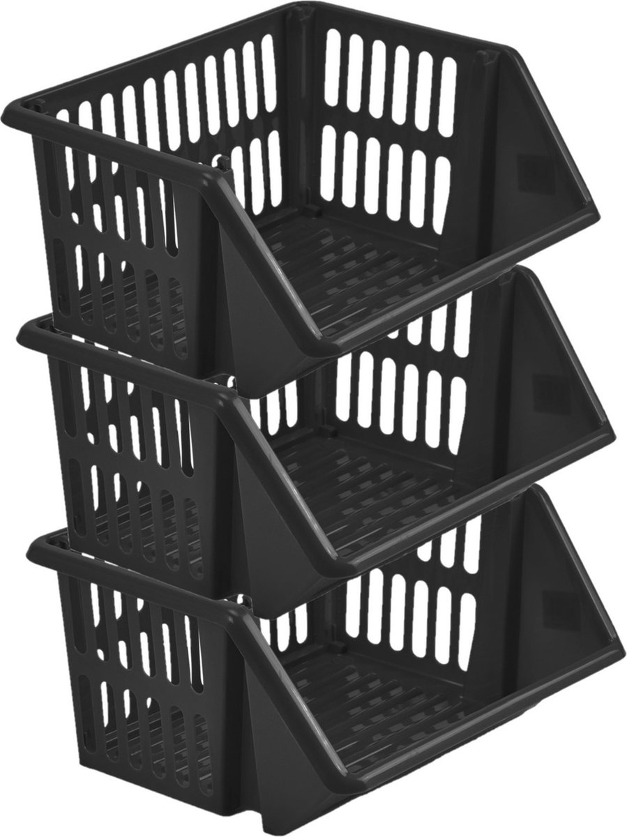 Mand/organizer - 3x - Stapelbaar 35 X 29 X 27 Cm - Opbergmanden - Zwart