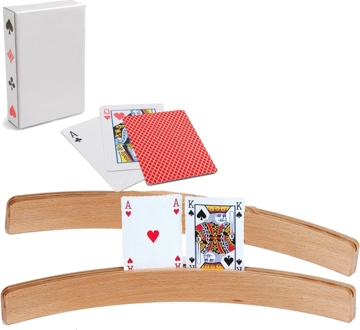 Engelhart 4x Speelkaartenhouders Hout 50 Cm Inclusief 54 Speelkaarten Rood - Speelkaarthouders - Bruin