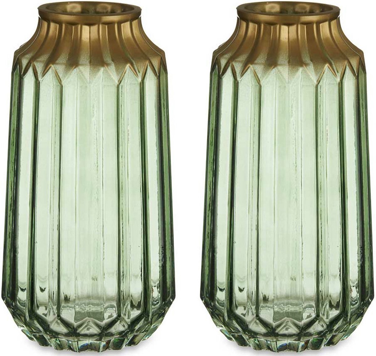 Giftdecor Bloemenvazen 2x Stuks - Luxe Deco Glas - Groen Transparant/goud - 13 X 23 Cm - Vazen