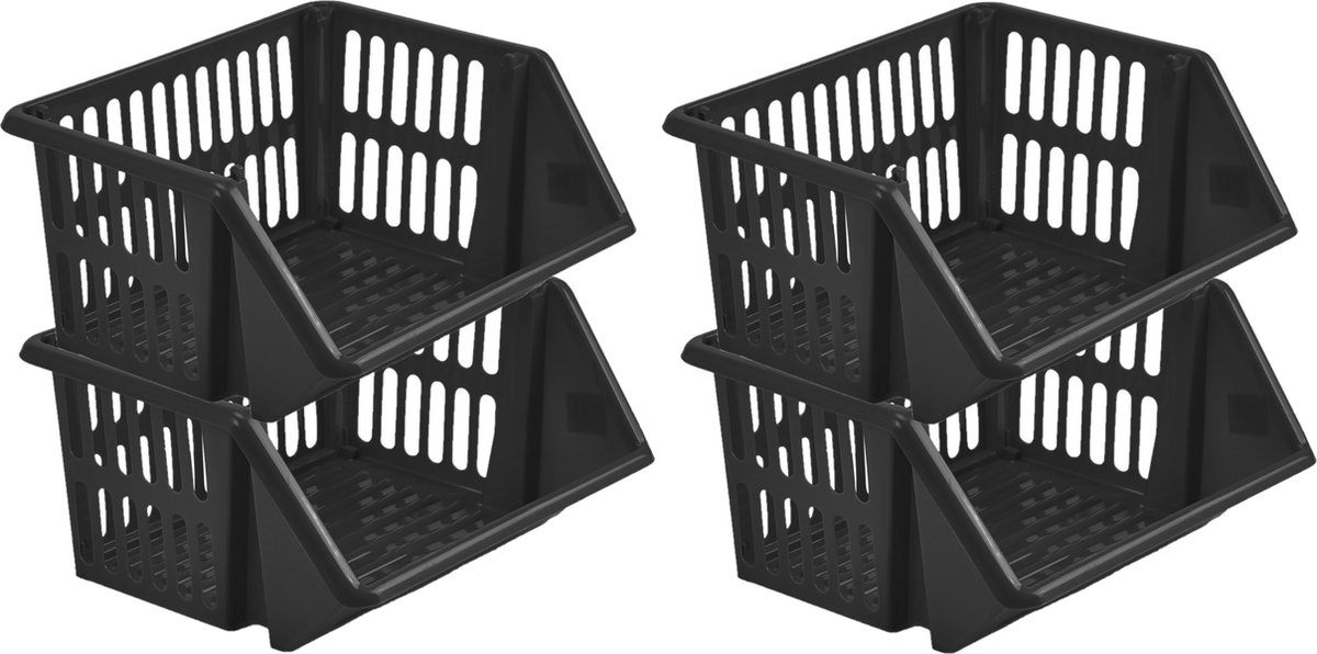 Mand/organizer - 4x - Stapelbaar 35 X 29 X 27 Cm - Opbergmanden - Zwart