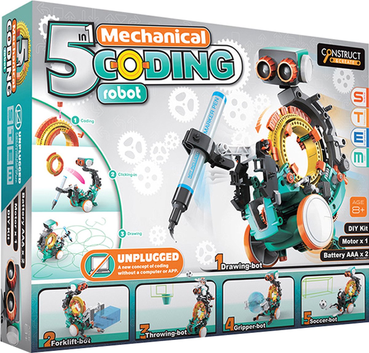 Original Source Construct & Create - 5 In 1 Mechanical Coding Robot - Diy Bouwpakket - Programmeren - Stem Speelgoed