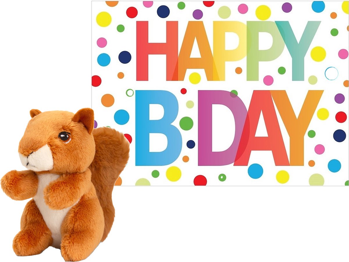 Keel Toys Pluche Dieren Knuffel Eekhoorn 12 Cm Met Happy Birthday Wenskaart - Knuffeldier