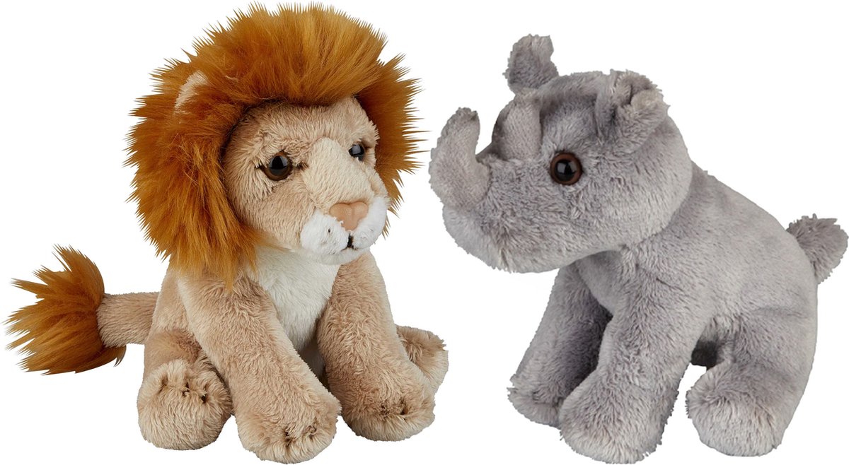 Safari Dieren Serie Pluche Knuffels 2x Stuks - Neushoorn En Leeuw Van 15 Cm - Knuffeldier - Grijs