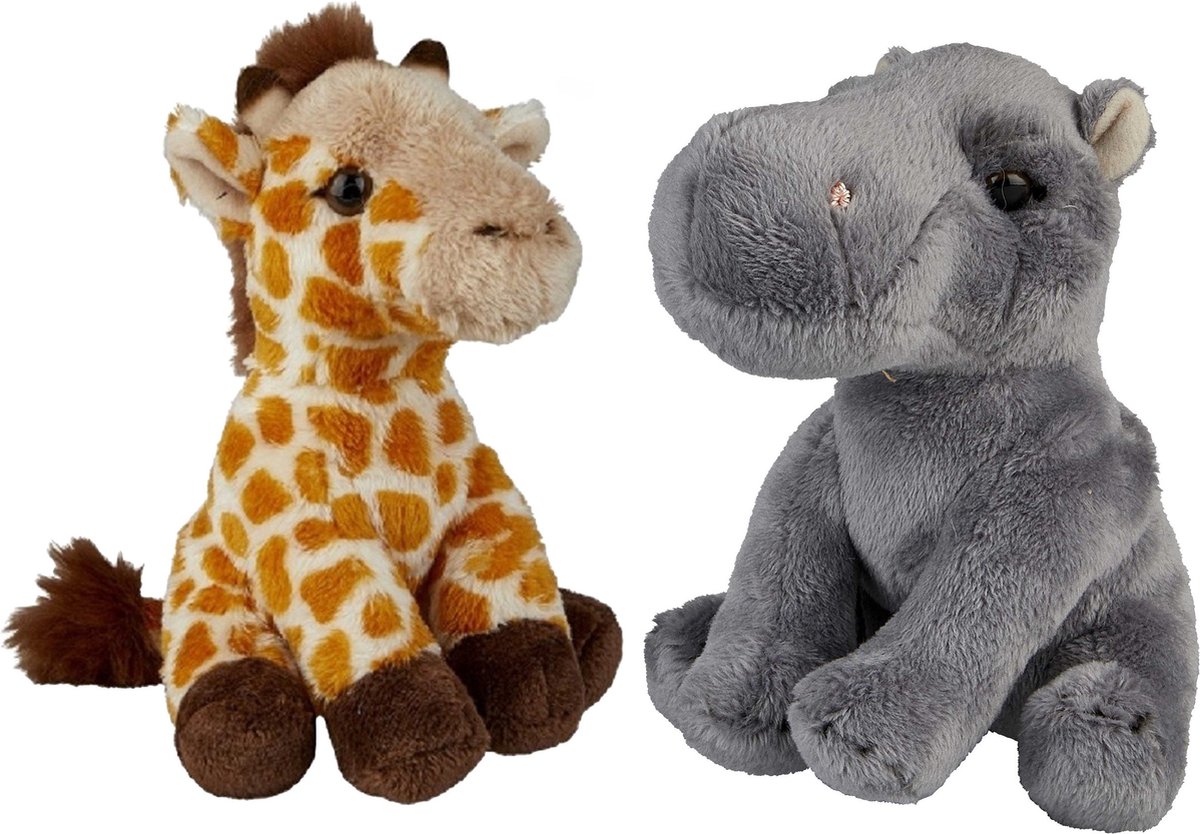 Safari Dieren Serie Pluche Knuffels 2x Stuks - Nijlpaard En Giraffe Van 15 Cm - Knuffeldier - Grijs
