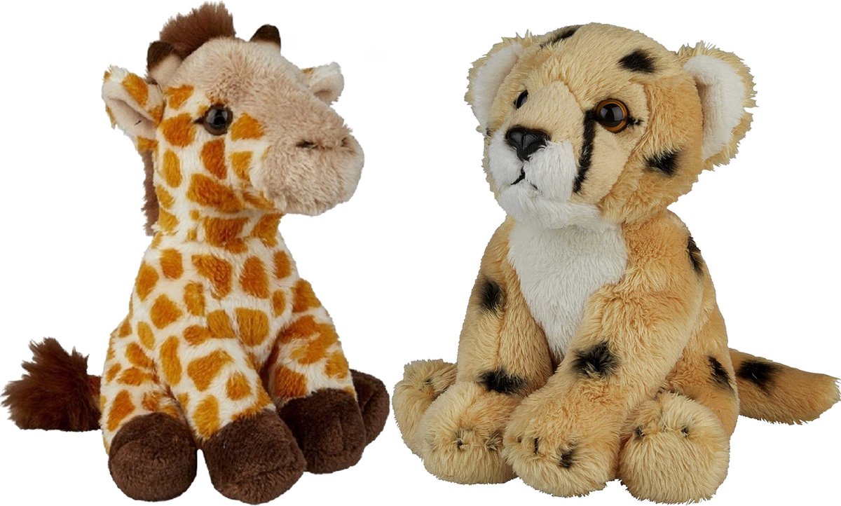 Safari Dieren Serie Pluche Knuffels 2x Stuks - Cheetah En Giraffe Van 15 Cm - Knuffeldier - Grijs