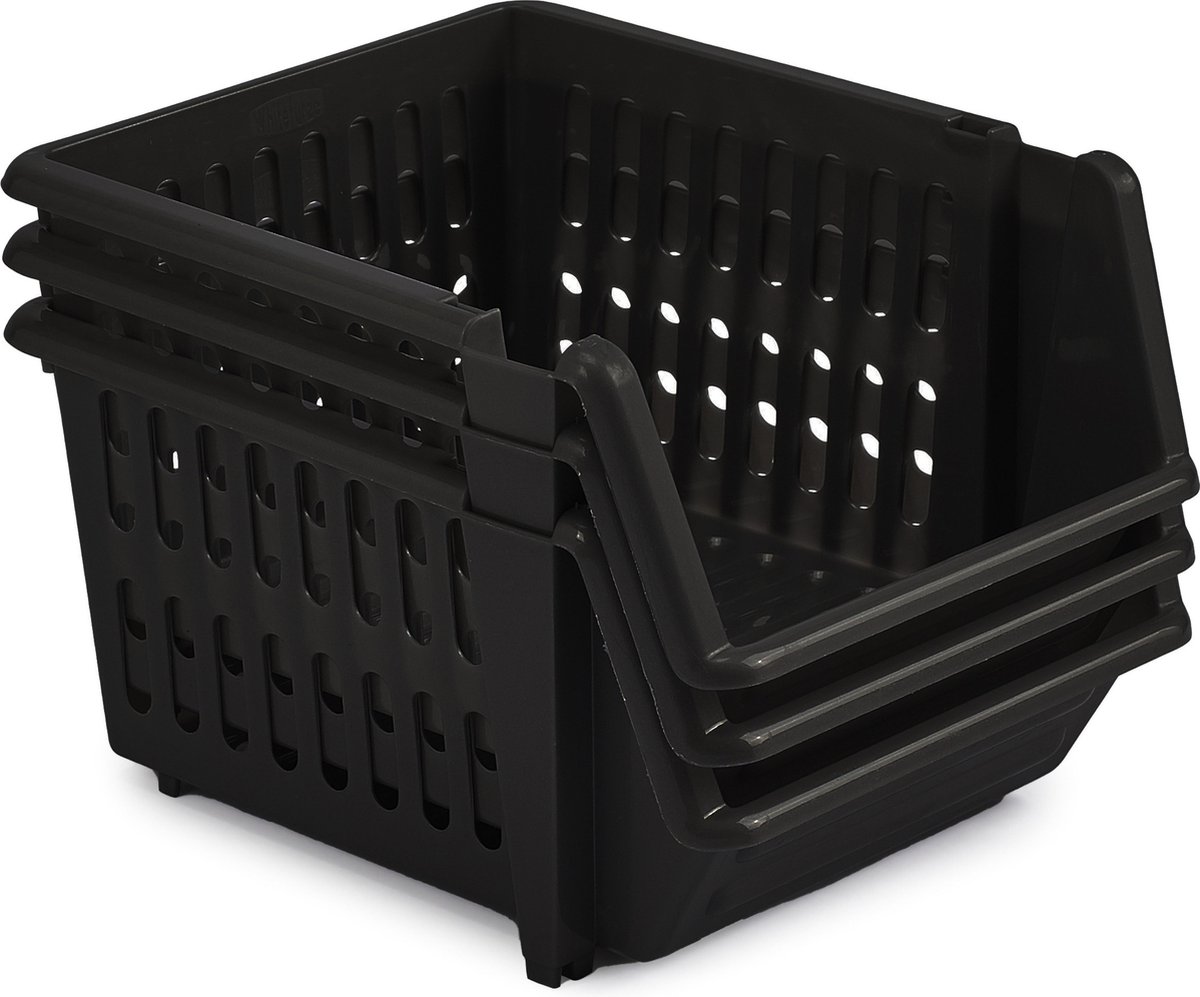 Manden/organisers - 3x Stuks - Stapelbaar 23 X 21 X 13 Cm - Opbergmanden - Zwart