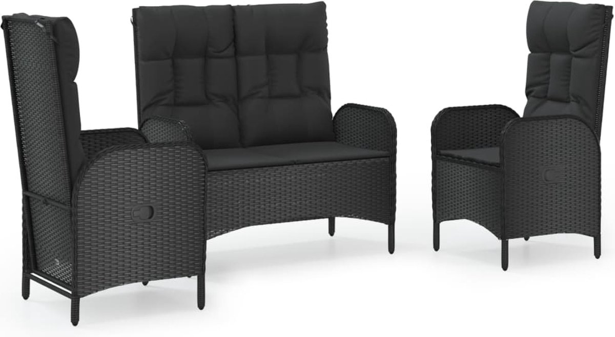 Vidaxl 3-delige Tuinset Met Kussens Poly Rattan - Negro