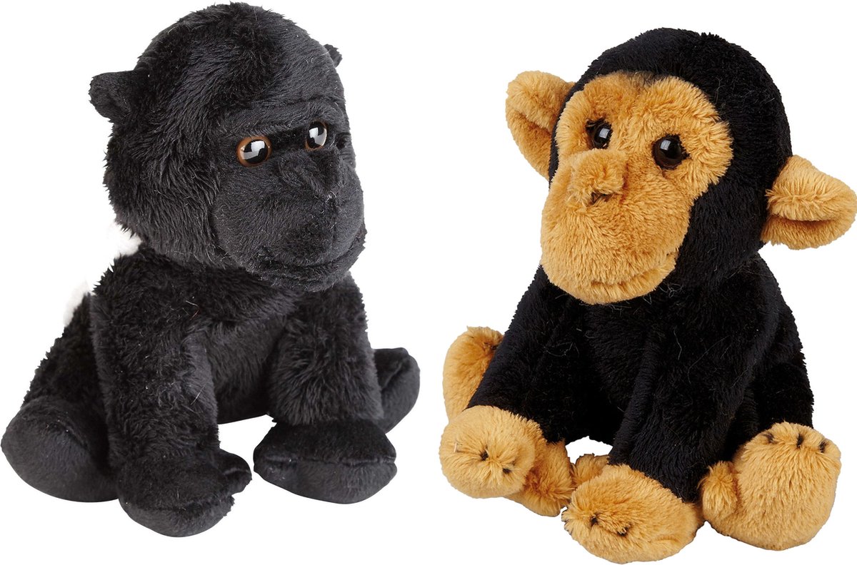 Apen Serie Zachte Pluche Knuffels 2x Stuks - Gorilla En Chimpansee Aap Van 15 Cm - Knuffel Bosdieren - Bruin